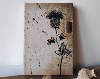 Vegan Leather Journal -Beige Antiqued Leather - Vintage Style Pages - Autumn flower