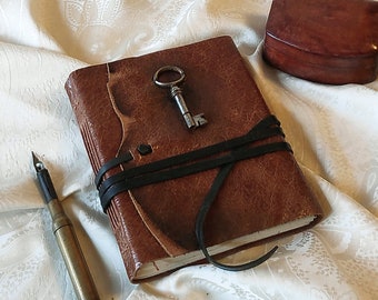 leather journal with old key, handmade leather notebook, vintage style paper, brown diary, Little Secrets