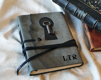 Vintage Key Gray Leather Journal: Personalized Monogram Diary with Key, Unlined Pages