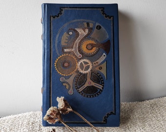 Blue leather journal, handmade blank book, blue Steampunk leather journal, blank paper notebook, hand painted - The secret life of watches