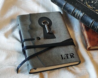 secret diary, gray leather journal with monogram, notebook with key, diary with vintage key and old paper, blank unlined pages