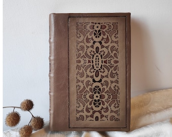 Handmade leather journal, brown notebook in vintage style, diary with blank paper, real leather, hand painted - Flourish Geometry