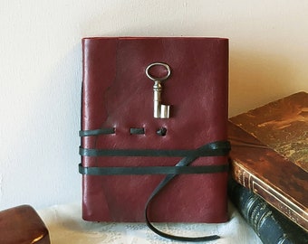 red leather journal with vintage key, leather diary, personalized leather journal, vintage style paper, red leather notebook