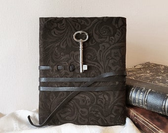 Dark brown leather journal, floral damask suede, elegant small vintage cover notebook with off white paper and old skeleton key - Secret