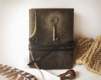 leather journal with vintage skeleton key and vintage style pages, dark brown leather cover - Unspoken