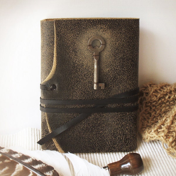 leather journal with vintage skeleton key and vintage style pages, dark brown leather cover - Unspoken