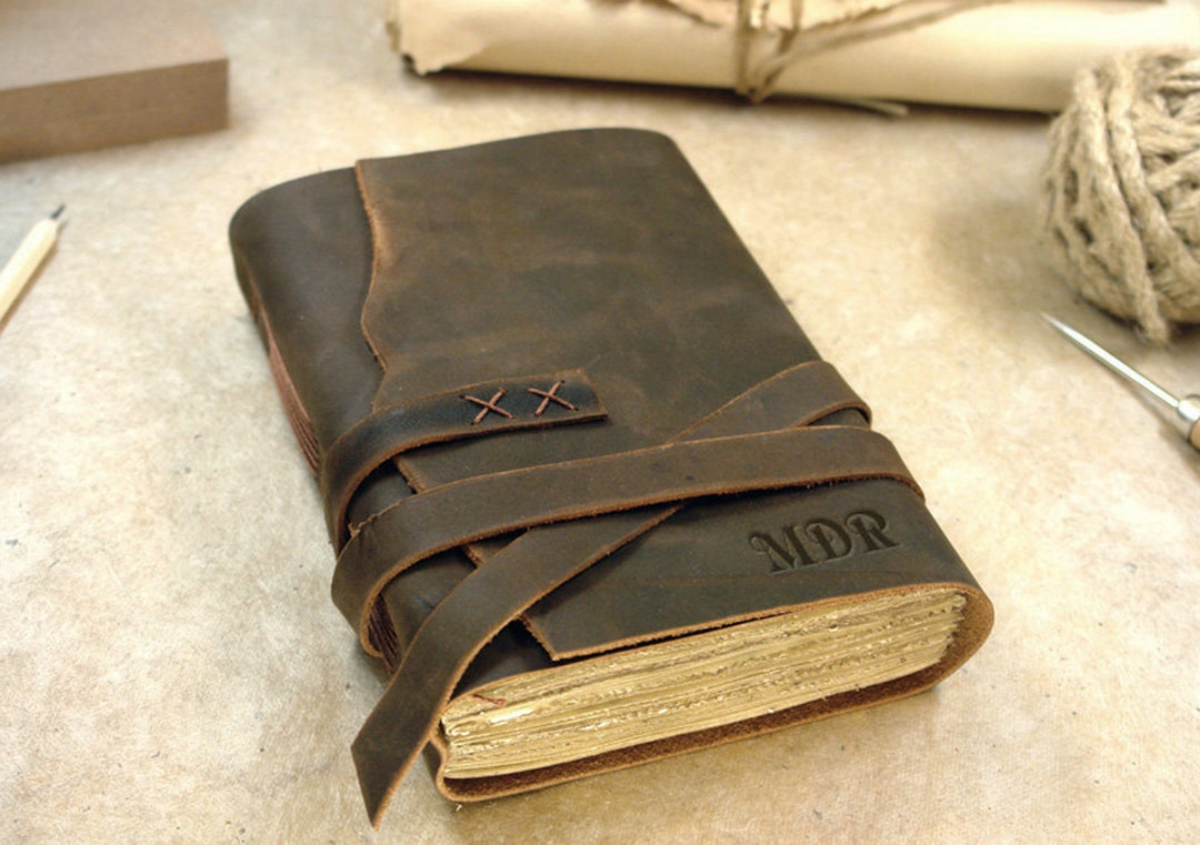 Leather Journal With Vintage Style Paper, Customizable With Monogram