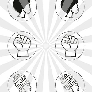 May include: Six black and white illustrations in circles on a white background with a radiating pattern. The illustrations are of a woman's profile, a woman's profile with a headscarf, and a fist.