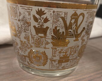 Frosted glass gold-embellished Ice Bucket - Hazel Atlas Colony Gold Americana Pattern