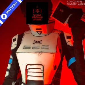 May include: A futuristic cosplay costume in black, white, and red, with the text "THIS SPACE INTENTIONALLY LEFT BLANK." The costume features a helmet, chest armor, and arm details. The background is red.