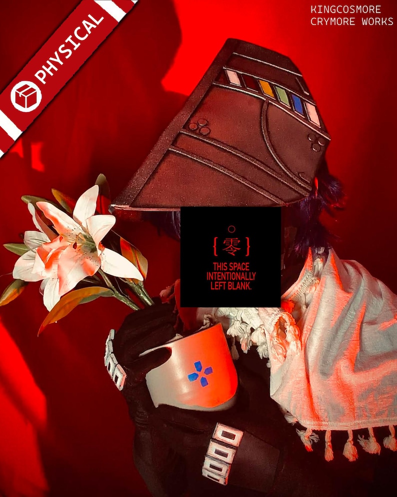 May include: A dark brown headpiece with geometric designs and colourful accents. A white and orange flower and a white and orange cup with blue accents are also visible. The text "THIS SPACE INTENTIONALLY LEFT BLANK" is displayed on a black background.