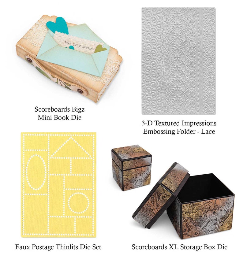 Op de afbeelding: Een set van drie stansmallen voor het maken van een mini-boek, een opbergdoos en een set postzegels. De stansmallen worden getoond met voorbeelden van de afgewerkte producten. Het mini-boek is gemaakt van hout en heeft een blauwe envelop met de woorden "tell your story" erop. De opbergdoos is gemaakt van karton en heeft een patroon. De postzegels zijn gemaakt van papier en hebben een gele achtergrond met witte contouren.