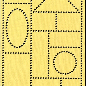 Puede incluir: Un fondo amarillo con una línea punteada negra que delimita un cuadrado. Dentro del cuadrado hay cinco formas: un triángulo, un rectángulo, un círculo, un semicírculo y un cuadrado.