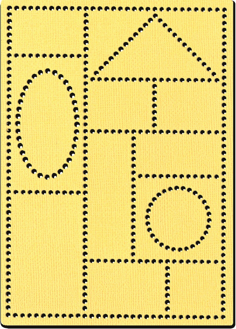 Op de afbeelding: Een gele achtergrond met een zwarte gestippelde lijn die een vierkant omlijnt. Binnen het vierkant bevinden zich vijf vormen: een driehoek, een rechthoek, een cirkel, een halve cirkel en een vierkant.