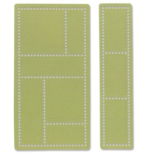 May include: Two green cardstock pieces with dotted lines outlining rectangular shapes. The larger piece has four rectangles, while the smaller piece has two rectangles.