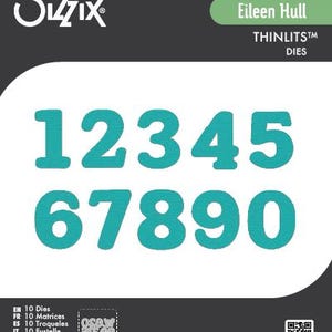 May include: A set of teal number dies from 0 to 9, displayed on a white background. The Sizzix logo and "Eileen Hull" are at the top. The words "THINLITS DIES" are also visible. The image includes text in multiple languages.