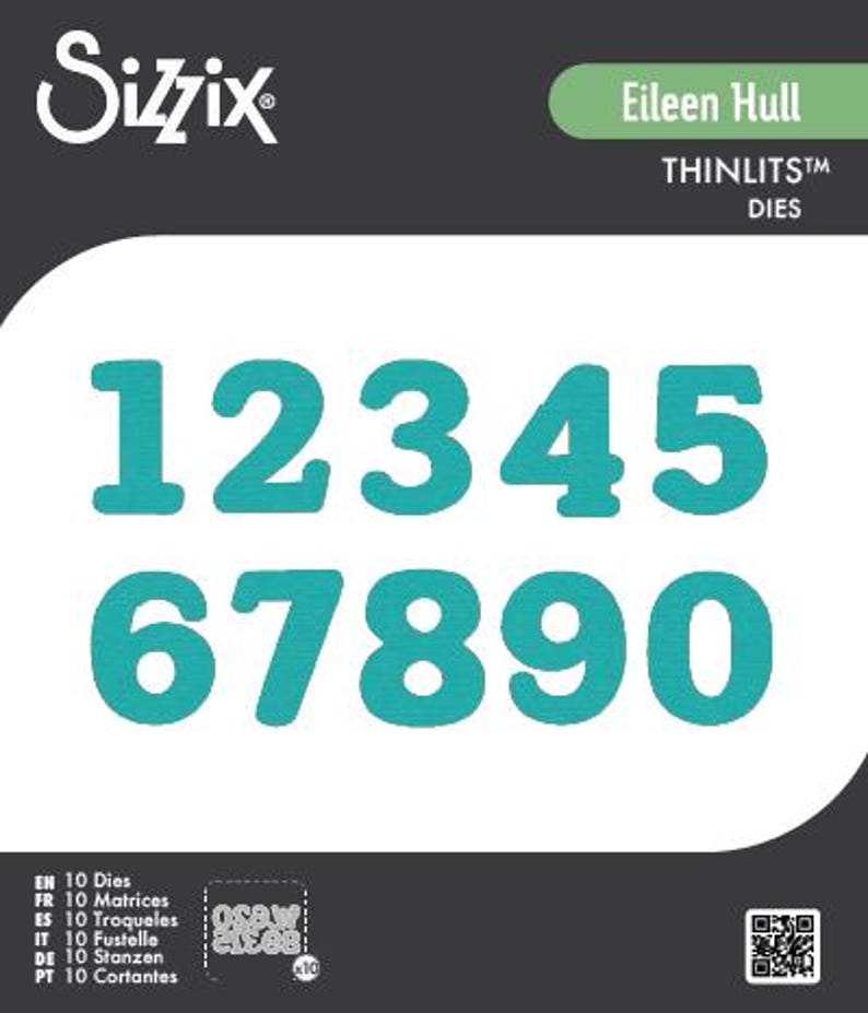 May include: A set of teal number dies from 0 to 9, displayed on a white background. The Sizzix logo and "Eileen Hull" are at the top. The words "THINLITS DIES" are also visible. The image includes text in multiple languages.
