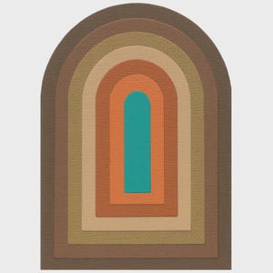 Op de afbeelding: Een gelaagd papieren kunstwerk met een reeks geneste boogvormen in tinten bruin, beige, oranje en turquoise. Het ontwerp creëert een gevoel van diepte, waarbij elke laag iets verschoven is, waardoor een visueel effect ontstaat.