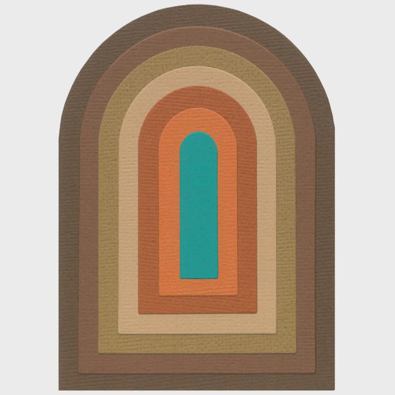 K&ouml;nnte beinhalten: Ein mehrschichtiges Papierkunstwerk mit einer Reihe von ineinander verschachtelten Bogenformen in Braun-, Beige-, Orange- und T&uuml;rkist&ouml;nen. Das Design erzeugt ein Gef&uuml;hl von Tiefe, wobei jede Schicht leicht versetzt ist.