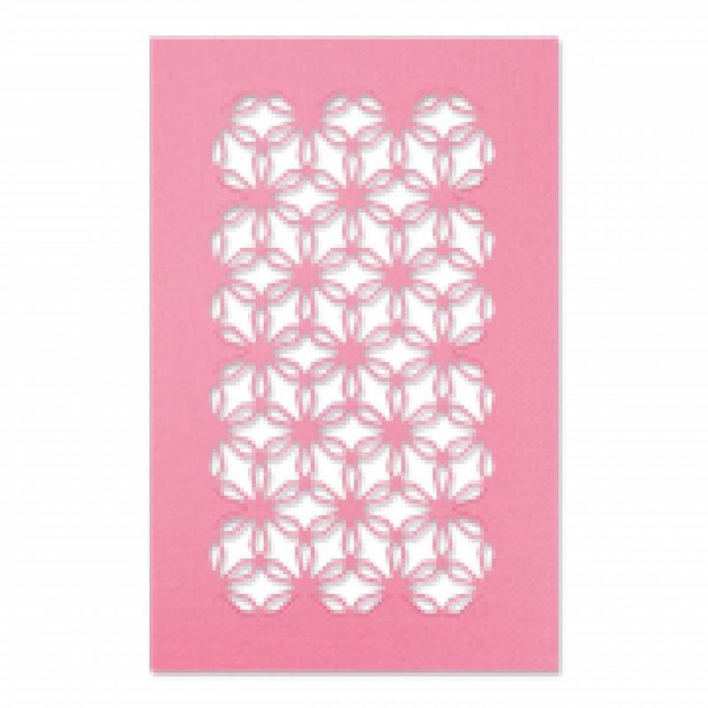 May include: A pink card with a white, intricate pattern of overlapping circles and ovals.