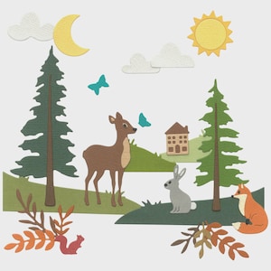 May include: A charming paper cut-out illustration of a woodland scene. It depicts a deer, rabbit, and fox amongst trees, a house, butterflies, the sun, moon, and clouds. The colours are predominantly brown, green, yellow, and blue.