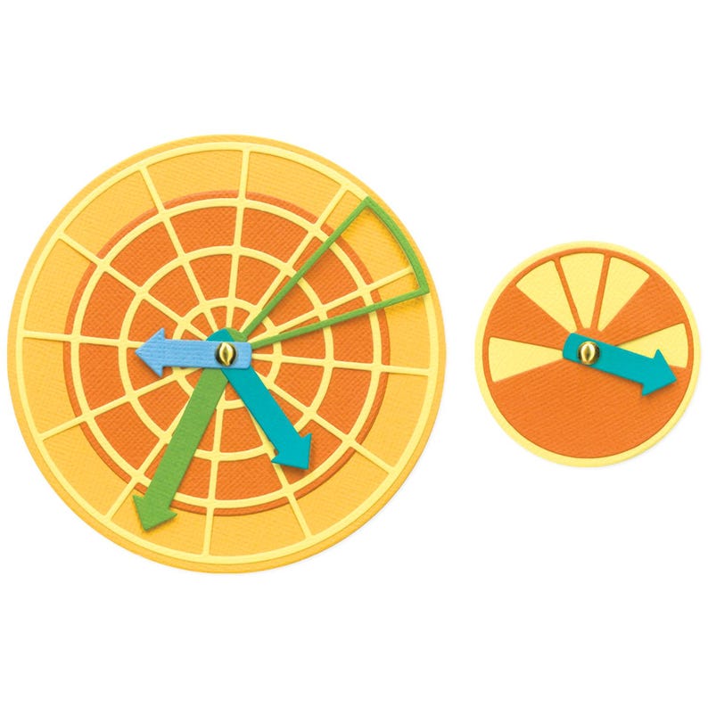 May include: Two orange and yellow circular spinners with green, blue, and light blue arrows. The larger spinner has a concentric circle design and the smaller spinner has a segmented design.