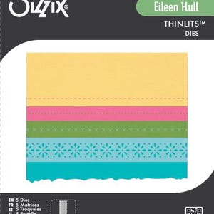 May include: Sizzix Eileen Hull Thinlits dies. The package features a layered design with yellow, pink, green, and blue paper strips. The blue strip has a floral pattern. The package also includes the text "EN 5 Dies".