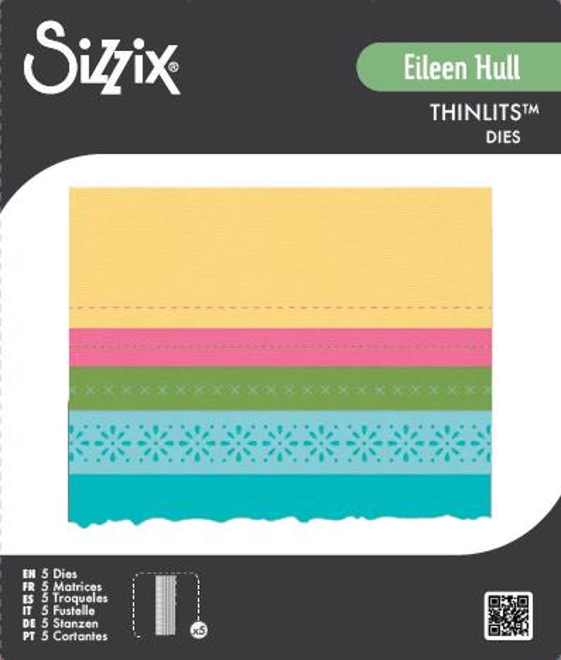 May include: Sizzix Eileen Hull Thinlits dies. The package features a layered design with yellow, pink, green, and blue paper strips. The blue strip has a floral pattern. The package also includes the text "EN 5 Dies".