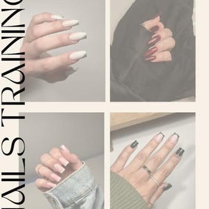 May include: Four different nail art designs. The first design features white and clear nails with a white tip. The second design features red glitter nails. The third design features green glitter nails. The fourth design features clear nails with a green tip.