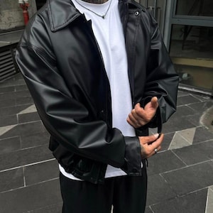 Blouson aviateur noir en cuir d'agneau véritable pour homme | Veste noire surdimensionnée douce et luxueuse | Streetwear décontracté en cuir, coupe ample