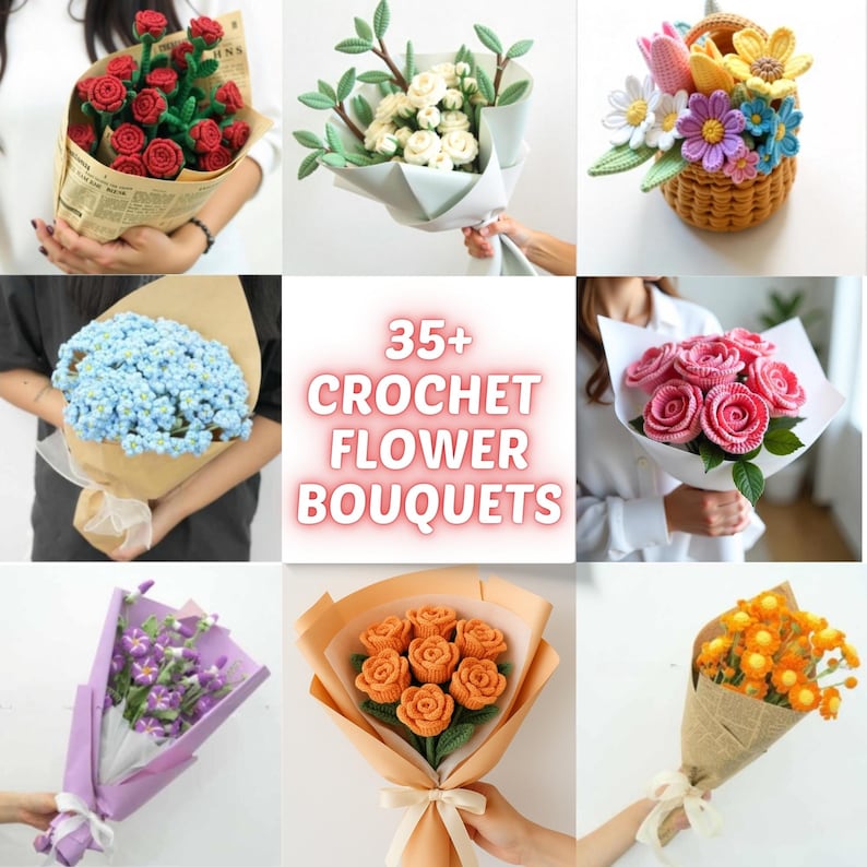 This crochet flower pattern pack includes amigurumi flower projects with detailed instructions for tulip crochet, rose flower crochet, and crochet sunflower. Make a handmade bouquet using our floral crochet designs for weddings, gifts, or spring decor. Our 600+ crochet bouquet bundle includes everything from daisy flower bouquet to lily of the valley patterns for endless creativity.