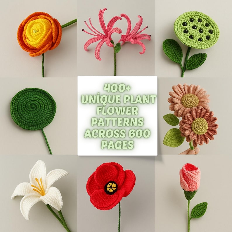 If you love crochet flowers, our amigurumi flower pattern set is a must-have. With 600+ patterns including tulip crochet, rose flower crochet, and daisy flower bouquet, this floral crochet bundle is perfect for any spring crochet project. Make your own bouquet pattern featuring crochet sunflower and lily of the valley, and create a one-of-a-kind handmade bouquet to cherish or gift.