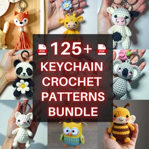 May include: A collection of 125+ crochet keychain patterns in PDF format. The image shows a variety of adorable crocheted animals, including a fox, a giraffe, a cow, a panda, a koala, an owl, a cat, and a bee.