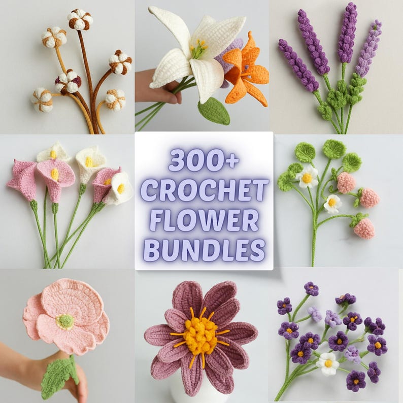 Our 600+ flower crochet pattern bundle is packed with detailed amigurumi flower instructions. Crochet flowers like rose flower crochet, tulip crochet, and crochet sunflower to build your own spring crochet bouquet. Each bouquet pattern includes floral crochet elements, making it easy to craft a handmade bouquet for any event. Add daisy flower bouquet and lily of the valley for extra charm.