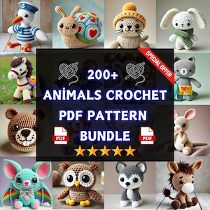 Pacchetto di modelli all'uncinetto di animali amigurumi - Peluche senza cuciture, tutorial per peluche, modelli in filato di velluto, modelli in PDF di cuccioli di anatre, cani, orsi e serpenti