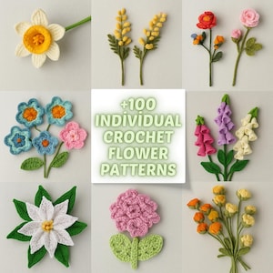 Create your own crochet bouquet with our amigurumi flower pattern bundle. This collection includes over 600 designs like crochet flowers, tulip crochet, rose flower crochet, and more. Explore bouquet pattern ideas for special occasions using daisy flower bouquet, lily of the valley, and crochet sunflower. Ideal for spring crochet lovers and those who enjoy handmade bouquet crafts.