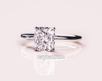 Cushion Cut Moissanite Hidden Halo Solitaire Ring – Sterling Silver