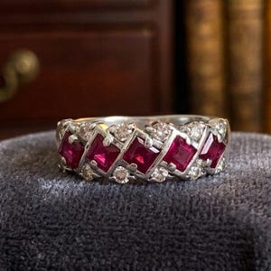 Lab Ruby Square & Moissanite Round Zigzag Band Ring in Sterling Silver,Wedding band,