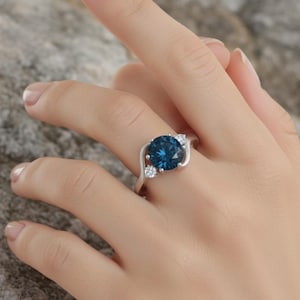 London Blue Topaz and Moissanite Engagement Ring,Sterling Silver Three Stone Ring | December Birthstone Wedding Jewelry Gift l Gift For Her.