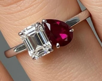 Emerald Cut Moissanite and Pear Lab Ruby Two Stone Engagement Ring –In Sterling Silver Toi et Moi Ring, July Birthstone Fine Jewelry Gift