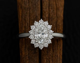 Oval Moissanite Halo Engagement Ring • Vintage Sterling Silver Flower Ring