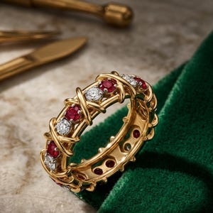 Anillo de eternidad con rubí sintético y moissanita, diseño en X, regalo de aniversario, anillo de boda apilable, plata de ley/chapado en oro.