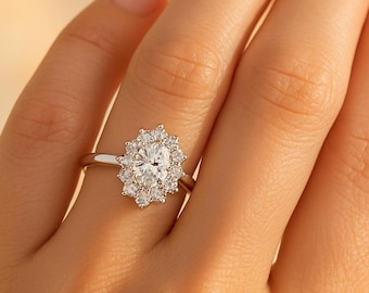 Oval Moissanite Halo Engagement Ring   Sterling Silver l  Vintage Floral Cluster Ring–Dainty Diamond Alternative Ring for Women