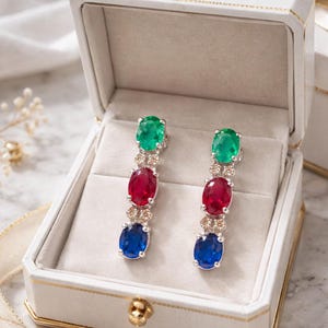 Lab Emerald Ruby Sapphire Drop Earrings, Multi Gemstone Dangle Earrings, Moissanite Accent Earrings, Sterling Silver Jewelry.