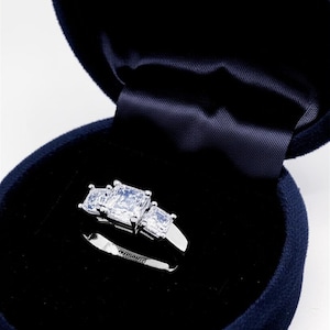 Three Stone Asscher Cut Moissanite Engagement Ring | 14K White Gold Promise Ring | Vintage Style Bridal Ring by Zaynaurum