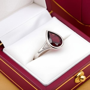 Pear Shaped Garnet Ring with Moissanite Accents – Sterling Silver Red Gemstone Ring – January Birthstone Engagement Ring Gift for Her