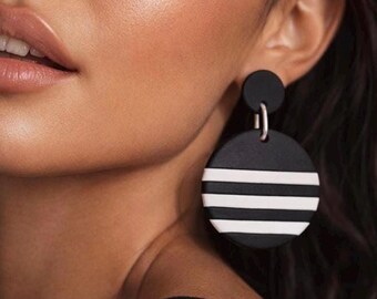 Black and White Polymer Clay Earrings, Striped Statement Earrings, Minimalist Handmade Dangle Earrings, Lightweight Modern Jewelry, Gift for