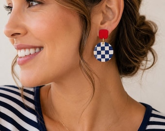 Nautical Checkerboard Polymer Clay Earrings, Navy Red Coastal Statement Jewelry