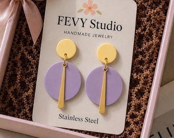 Butter Yellow Lilac Earrings | Pastel Polymer Clay Dangle Earrings | Lightweight Handmade Jewelry | Stainless Steel Gift for Her