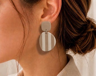 Modern Neutral Statement Earrings | Beige & Ivory Polymer Clay Earrings | Lightweight Stainless Steel Dangles